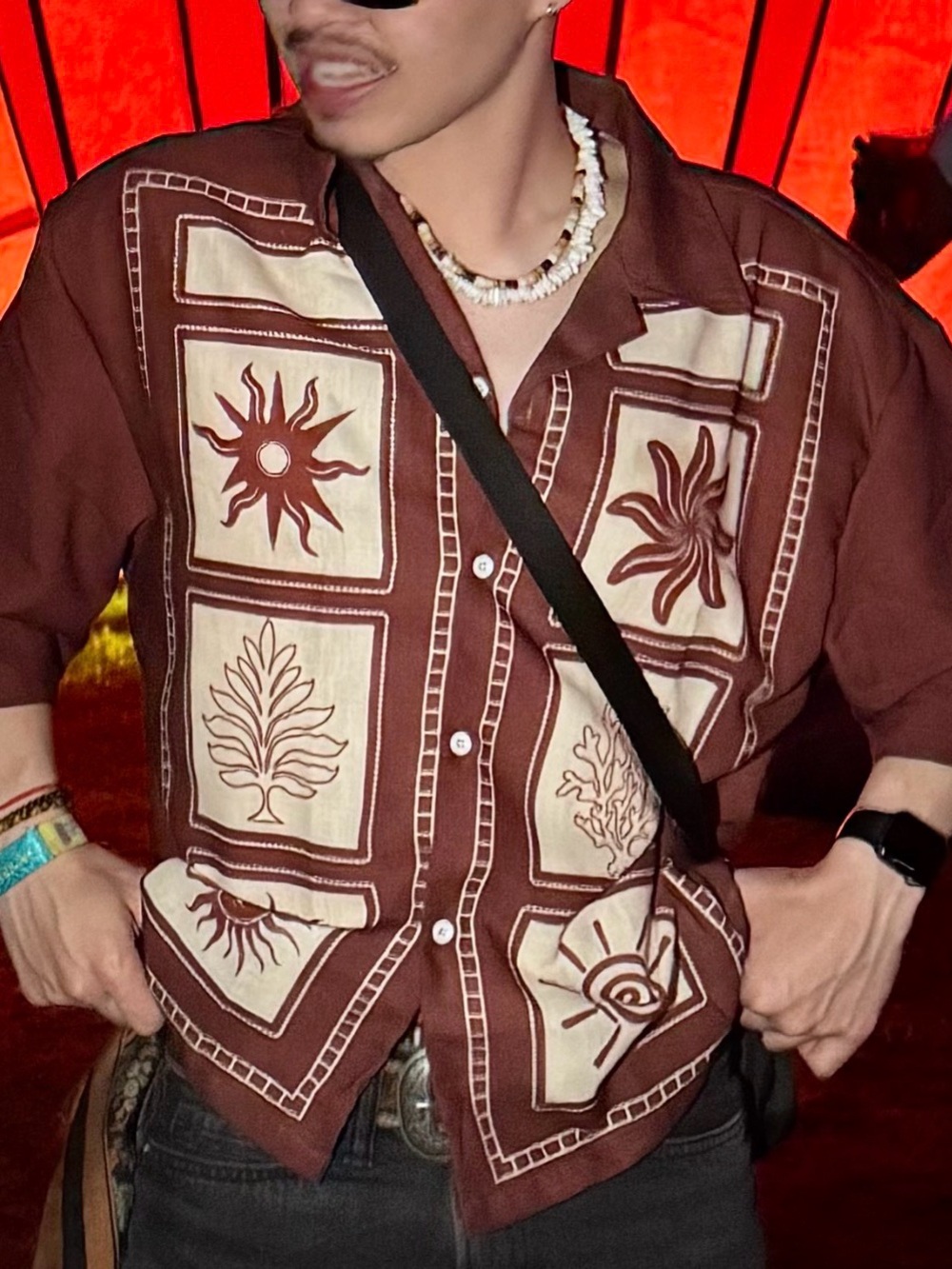 Brownish Orange Sun Printed Short-Sleeve Button-Up Shirt
